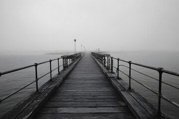 Fototapeta premium Moody monochrome view of a long wooden pier extending into the sea under a hazy gray sky creates a serene coastal scene.