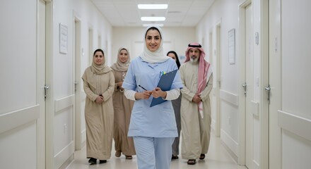 Confident female healthcare professional walks down a hospital corridor, flanked by patients and colleagues, exuding professionalism and care.