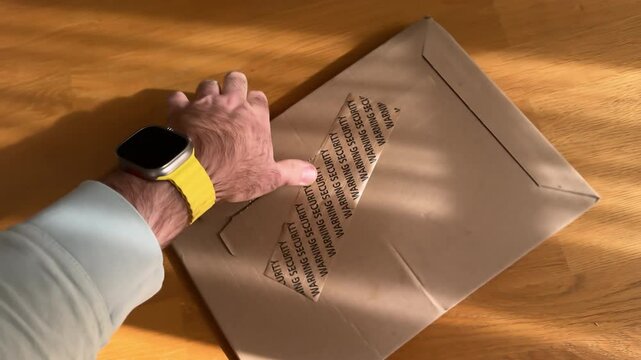 Pop-style male hand begins tearing open a sealed Amazon cardboard mailer marked with &ldquo;WARNING SECURITY&rdquo; tape, under warm sunlight on a wooden table