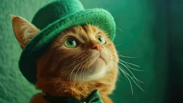 Cute cat wearing a green hat and bow tie for St Patrick's Day celebration.
