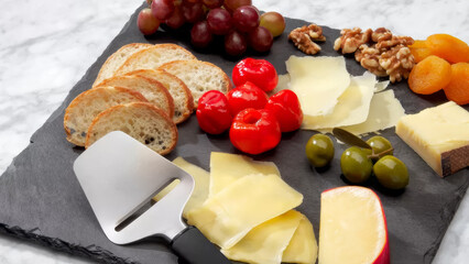 Cheese platter with assorted fruits, nuts, and bread displayed on a marble surface for an elegant...