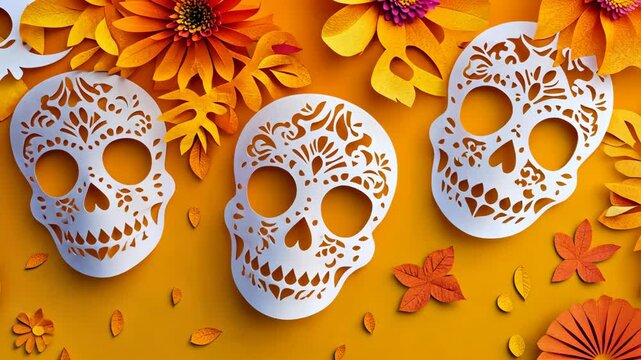Colorful paper skulls and flowers on orange background.