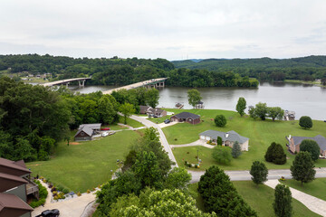American community houses in US suburbs. View from above of large residential homes in small town...
