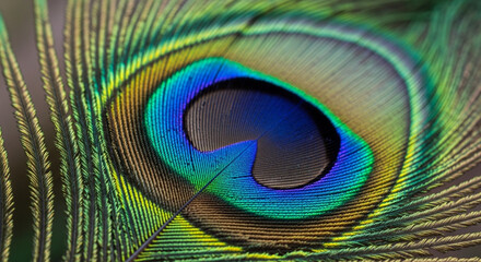 A stunning close-up reveals the intricate patterns and shimmering iridescent colors of a single peacock feather.