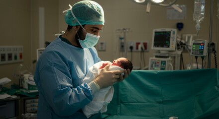 Gentle hands hold a newborn baby, a moment of pure joy and new life in a hospital delivery room.