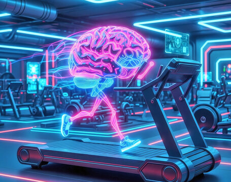 Glowing Neon Brain Jogging on Futuristic Treadmill, Sci-Fi Gym, Motion Blur, Cyberpunk Workout, AI Fitness, Digital Neurons, Tech Vibes, Futuristic Health - Powered by Adobe