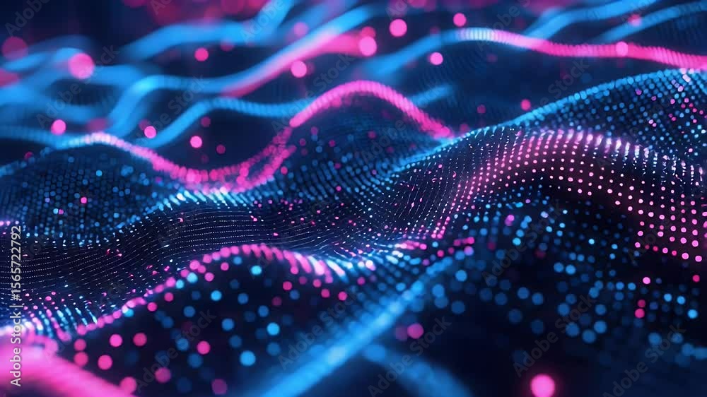 Poster abstract digital landscape of flowing data points creating undulating wave patterns. illuminated par