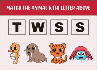 match cute seahorse, walrus, tiger, spider with the letter .