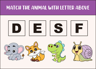 match cute  elephant, fox, dino, snail with the letter .