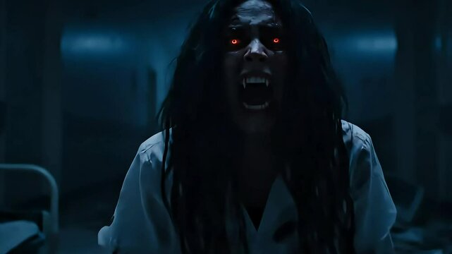 cinematic video of a scary ghost nurse in an old abandoned hospital