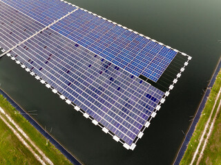 Floating solar photovoltaic panels at sustainable electrical power plant for generating clean...