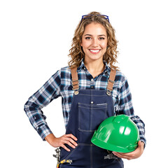 Confident female construction worker in overalls holding a green hard hat, smiling professionally on an isolated transparent background.