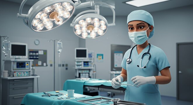 Confident cartoon surgeon prepares for operation in a modern operating room, ready to perform surgery with precision and care. - Powered by Adobe