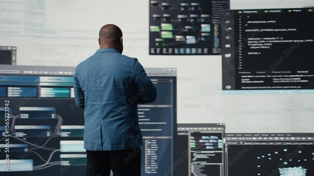 Poster african american coder expert immersing in software development for a high tech work environment, fo