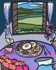 breakfast in the morning with green grass Mountain View illustration doodle 