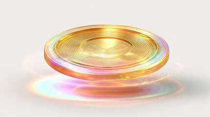 and keyword list based on the image

 Golden Coin with Holographic Shine, Futuristic Currency with Light Reflection Effects