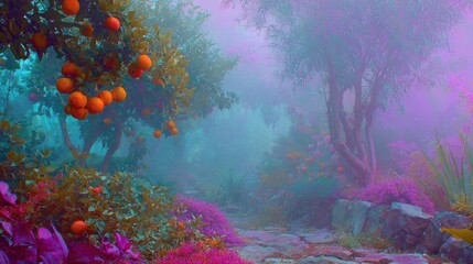 Misty orange orchard dreamlike landscape