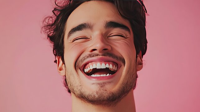 An actor beautifully crafted with dramatic lighting that enhances their facial features. Pink background,