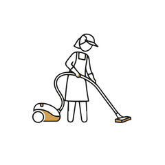 Woman vacuuming floor while wearing an apron in a clean environment  