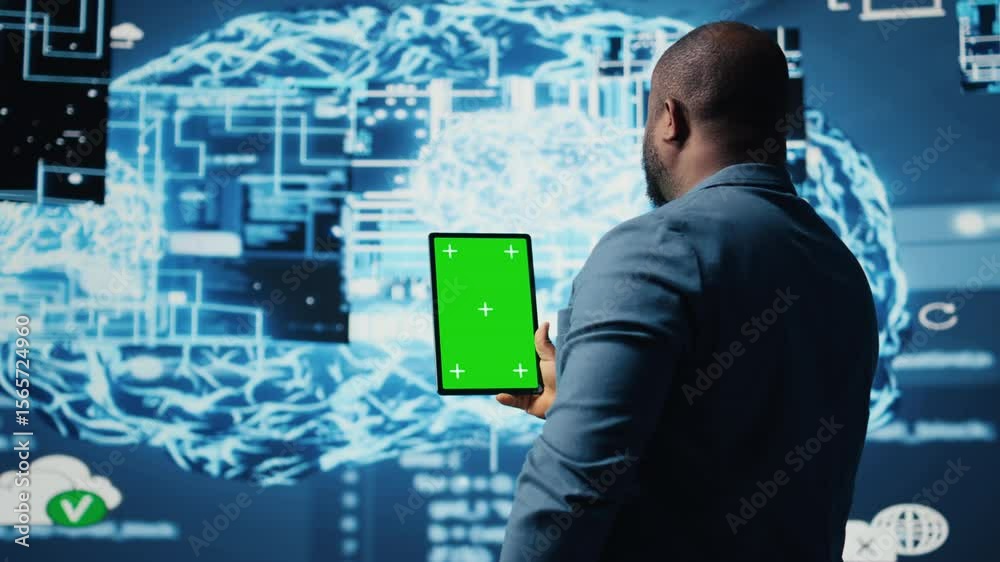 Poster african american expert holds tablet with isolated screen next to cloud computing systems, focused o
