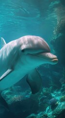 Close-Up of Playful Dolphin in Blue Coral Reef Ocean Habitat