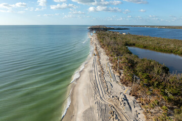 Road erosion caused by hurricane Milton storm surge. Destroyed Manasota Key road at Blind Pass...