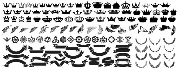 Royalty Emblems and Embellishments: An expansive collection of Heraldic regal emblems, crowns, flourishes, decorative ribbons in elegant black, perfect for adding a touch of sophistication to designs.