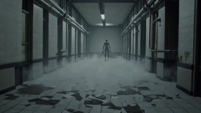 Homme face &agrave; silhouette dans couloir envahi de brume