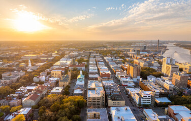 Savannah, Georgia. Historic American architecture of old historical city. USA Southern cityscape at...