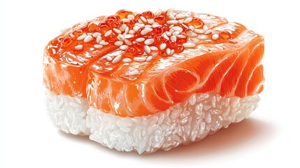 A single piece of salmon nigiri, glistening with a sweet glaze, topped with red caviar and white sesame seeds, rests on a bed of white rice against a pure white background