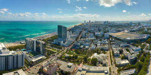 Obraz premium South Beach high luxurious hotels and apartment buildings. American southern seashore of Miami Beach city. Tourist infrastructure in Florida, USA