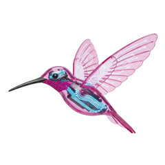Obraz premium A futuristic pink robotic hummingbird with transparent wings and glowing blue internal circuitry. Represents technology, nature, and innovation.