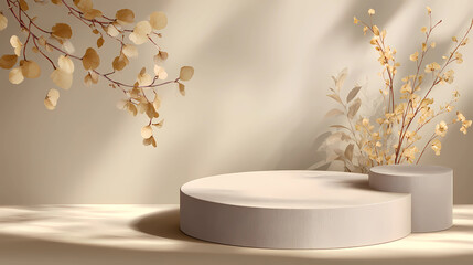 Abstract beige background with a podium for product presentation mock-up, 3D rendering illustration.