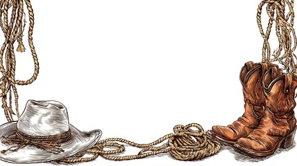 Western hat and boots with lasso framing white copy space. Ideal for themed invitation