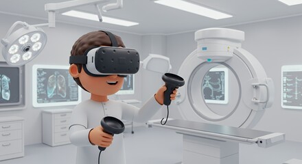 Young doctor uses virtual reality headset and controllers in a modern hospital setting, exploring medical data.
