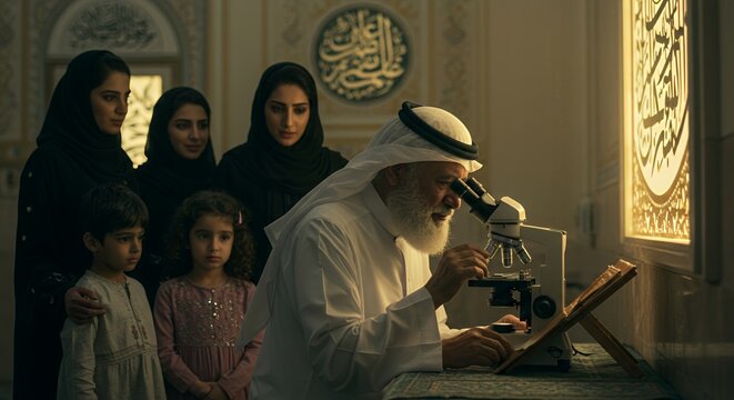 An elderly man in traditional Middle Eastern attire uses a microscope, surrounded by his family, creating a scene of intergenerational learning and