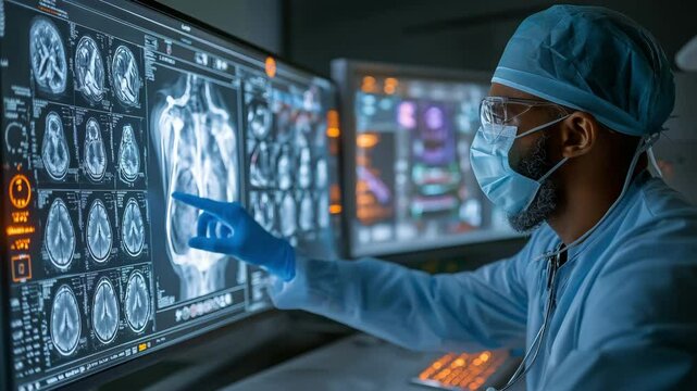A physician using a tilting fluoroscopy device to perform a dynamic X-ray scan