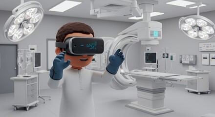 Young boy in virtual reality headset explores a futuristic operating room, immersed in a medical simulation.