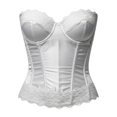 A beautiful white satin corset featuring delicate lace trim and structured boning. Ideal for bridal wear, lingerie, or elegant fashion concepts.