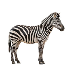 Obraz premium A magnificent zebra stands in a full body profile, highlighting its unique black and white striped pattern. Perfect for educational or design projects.