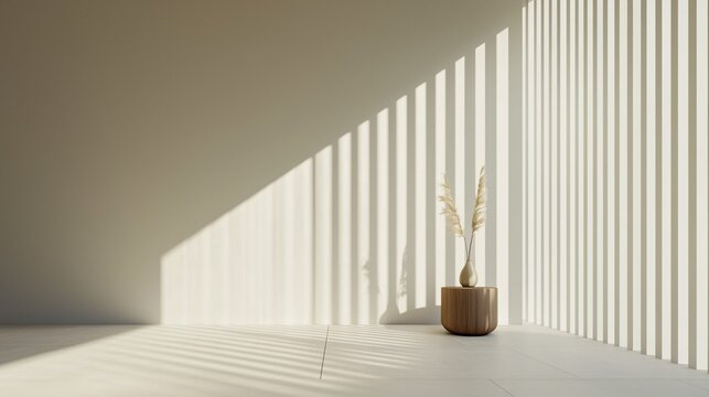 A circular wooden side table catching the soft, diffused light from a nearby casement window, creating a subtle focal point in a large, open-plan room with a serene, uncluttered ambiance