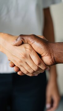Diverse hands shaking in agreement, symbolizing trust and unity