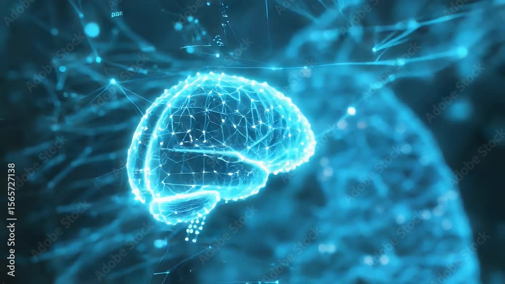 Poster digital brain network in shades of cyan with connecting lines representing neural pathways and data 