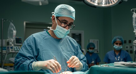 Focused surgeon performing delicate surgery in a modern operating room, assisted by a surgical team.