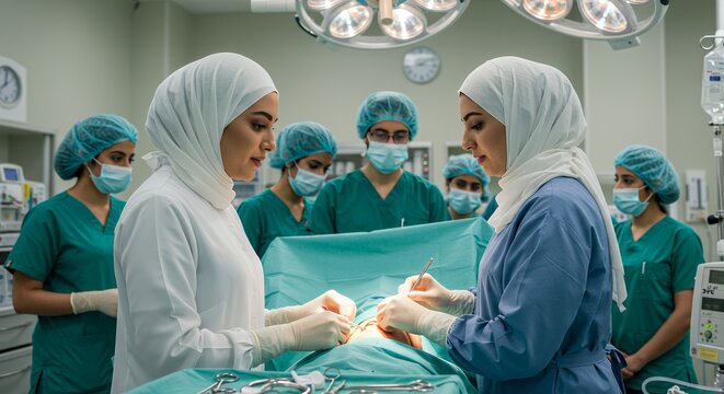 Skilled female surgeons in hijabs perform a delicate surgical procedure, showcasing expertise and cultural diversity in a modern operating room.