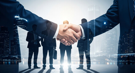 A handshake between two business people with a city skyline overlay and silhouetted colleagues