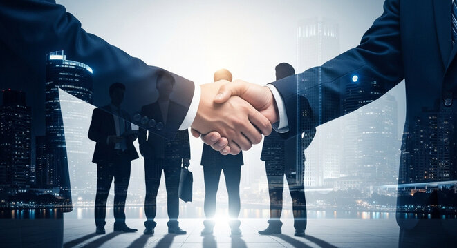 A handshake between two business people with a city skyline overlay and silhouetted colleagues