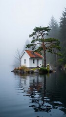 Fototapeta premium Minimalist Dreamlike Island Scene with White House and Red Roof beside Tree and Rock Face Reflected on Calm Water