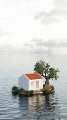Obraz premium Minimalist Dreamlike Island Scene with White House and Red Roof beside Tree and Rock Face Reflected on Calm Water
