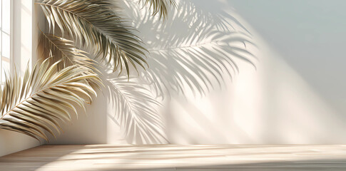 Fototapeta premium 3D rendering of a white wall with palm leaves and sunlight shadows.